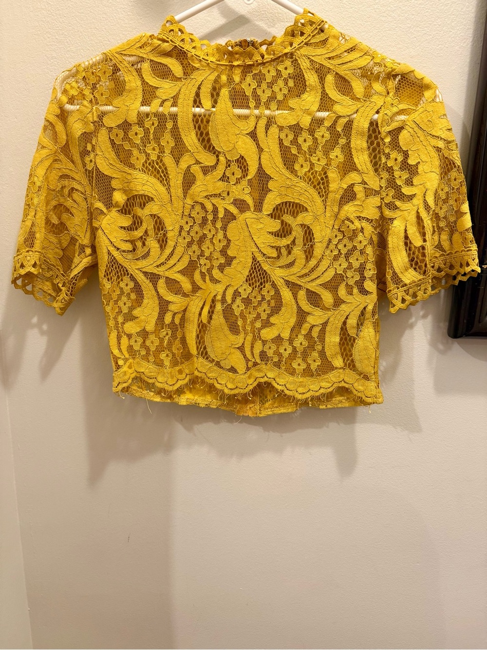 Peach Gold Yellow Floral Lace Crop Top Mock Neck Raw Hem Boutique Size S